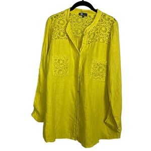 Made in‎ Italy Yellow Linen Lace Shirt M Lagenlook Coastal Boho Coastal Grandma